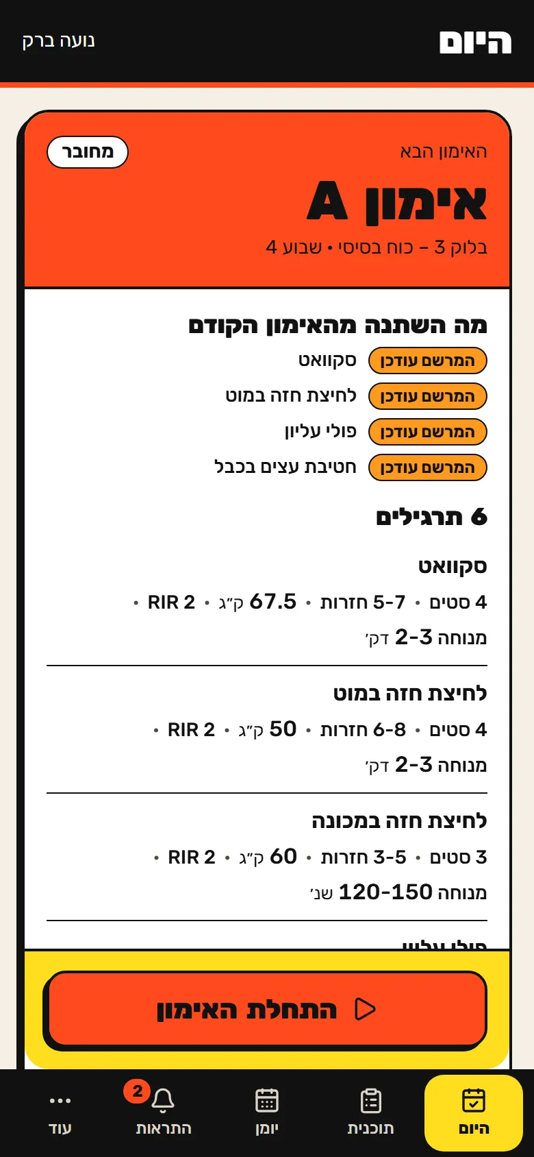 מסך ׳היום׳ בטלפון: כרטיס האימון הבא, מה שהשתנה מהאימון הקודם, רשימת התרגילים וכפתור התחלה